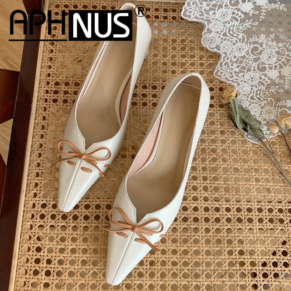 

APHNUS Womens Shoes Rough Thick Bowtie Mid High Heels Pumps Woman 2021 Shoes For Women New
