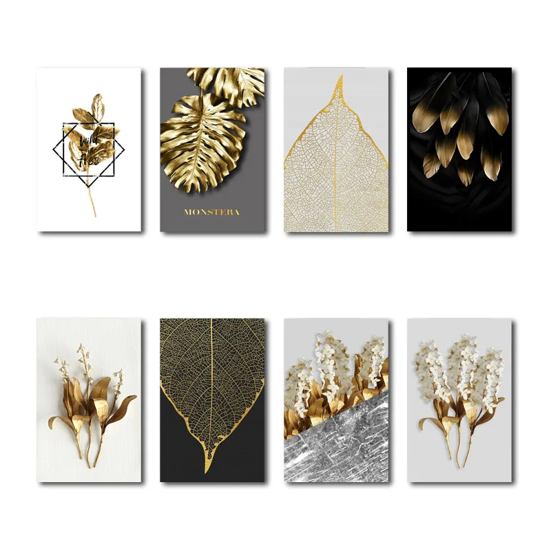 

Golden Abstract Leaf Flower Nordic Canvas Painting Black White Color Poster Print Wall Picture Wall Art For Living Room Decor