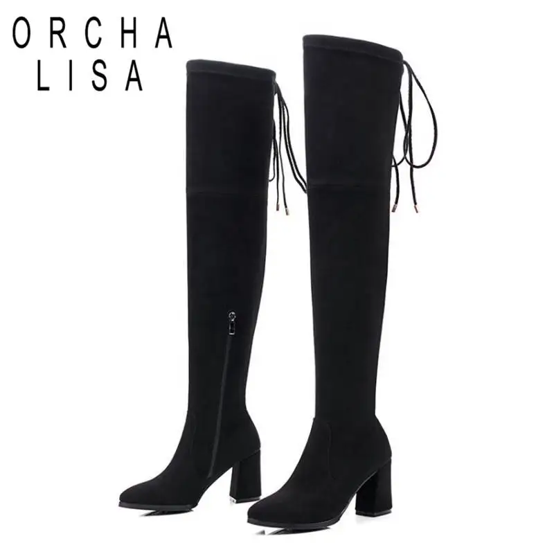 

ORCHA LISA/женские ботфорты с острым носком, на толстом квадратном каблуке, флок, на шнуровке и на молнии сбоку; Хлопкового волокна сплошной цвет ...