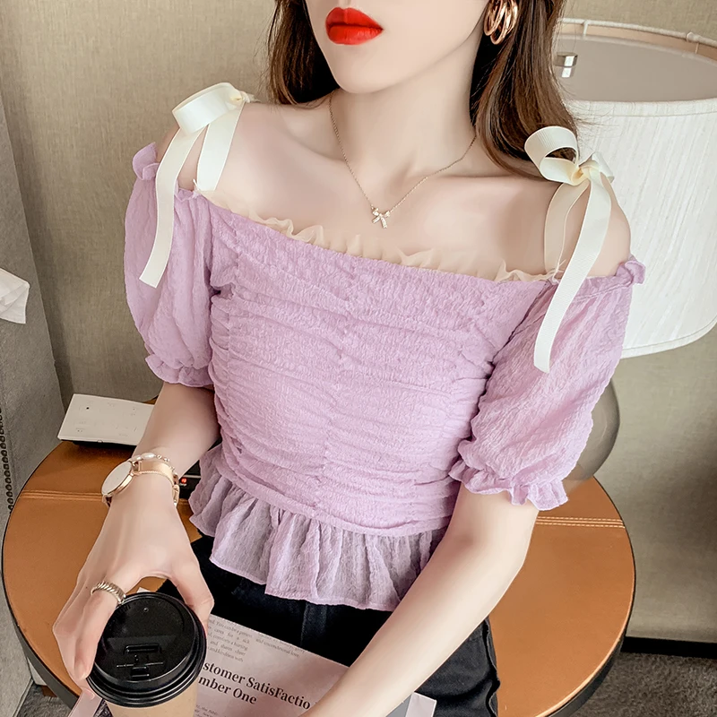

2021 Summer New Design Mesh Short Puff Sleeve Elastic Loose One Shoulder Top Sexy Noble Lady Dating Office Shirt Woman Clothes
