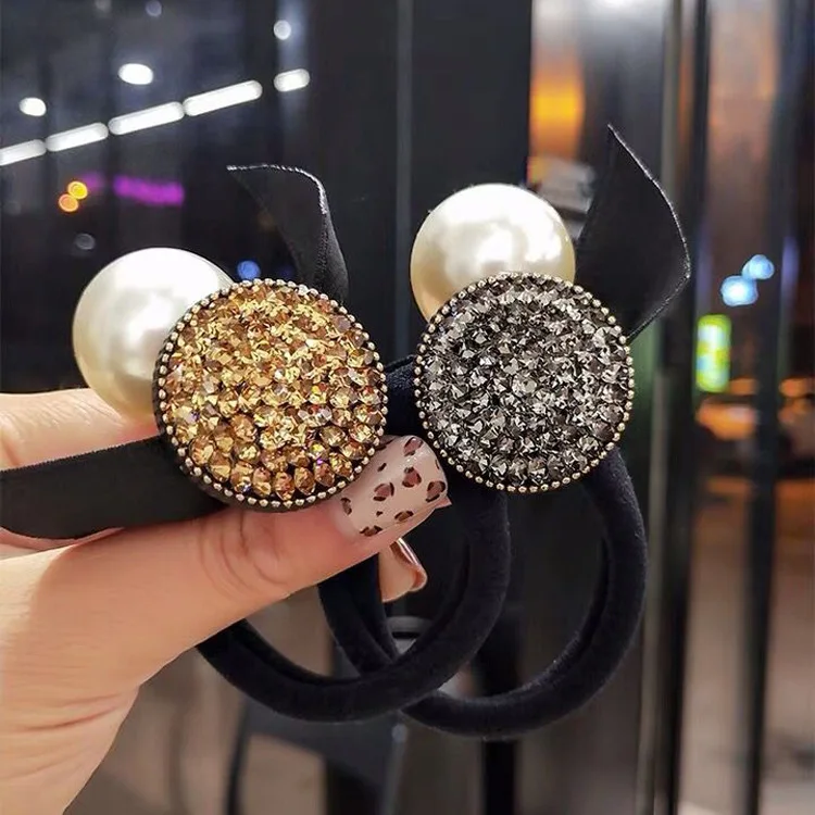 

Retro Large Pearl Crystal Round Elastic Hair Band Luxury Rhinestone Jewelry Hair Bands Rope Fashion Girls Women Hair Accessories