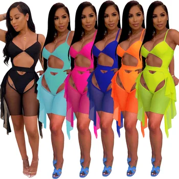 Neon Women Bikini Wear Spaghetti Straps Skinny Bodysuit + Sheer Mesh Hollow Out Shorts Sexy See Through Club Party Shorts Set 1