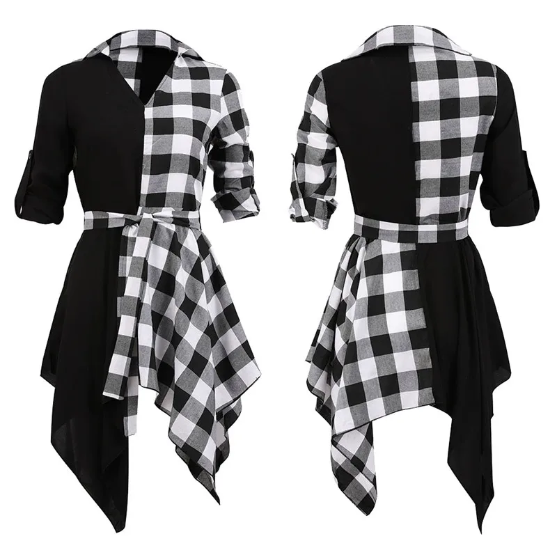 Женское платье-рубашка в клетку с длинным рукавом и v-образным вырезом | Женская