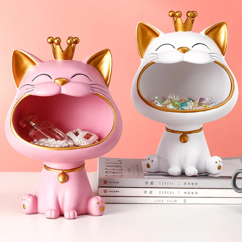 

Nordic Resin Lucky Big Mouth Cat Storage Box Figurine Sculpture Modern Art Ornamental Candy Storage Accessories Home Decor