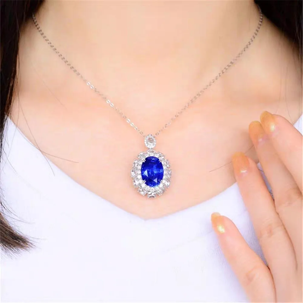 

Драгоценные камни-сапфиры с синим кристаллом 5 карат, подвеска с цветком и бриллиантами для женщин, заполненное белым золотом 18 карат, ювели...