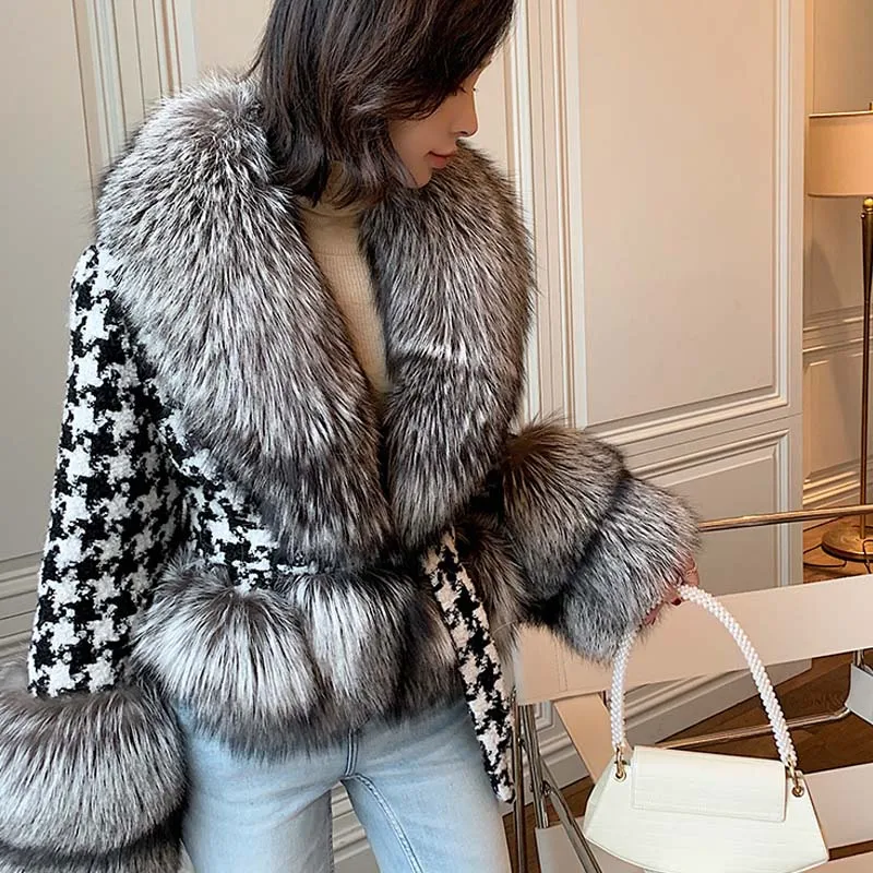 

Real Fur Coat Women Houndstooth Stitching Woolen Slim Big Fur Collar Natural Silver Fox Jacket Short 2021 Winter Lace up Luxury