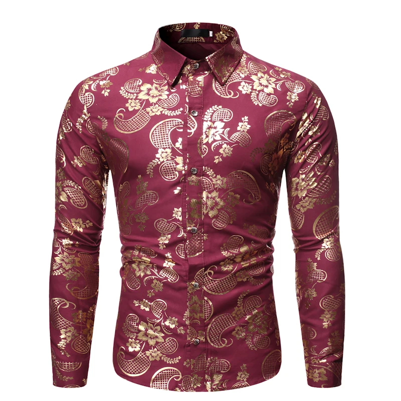

New Fashion Versatile Bronzing Casual Shirt Lapel Men's Long Sleeve Maple Leaf Flower Shirt Tx30-p35 Combination