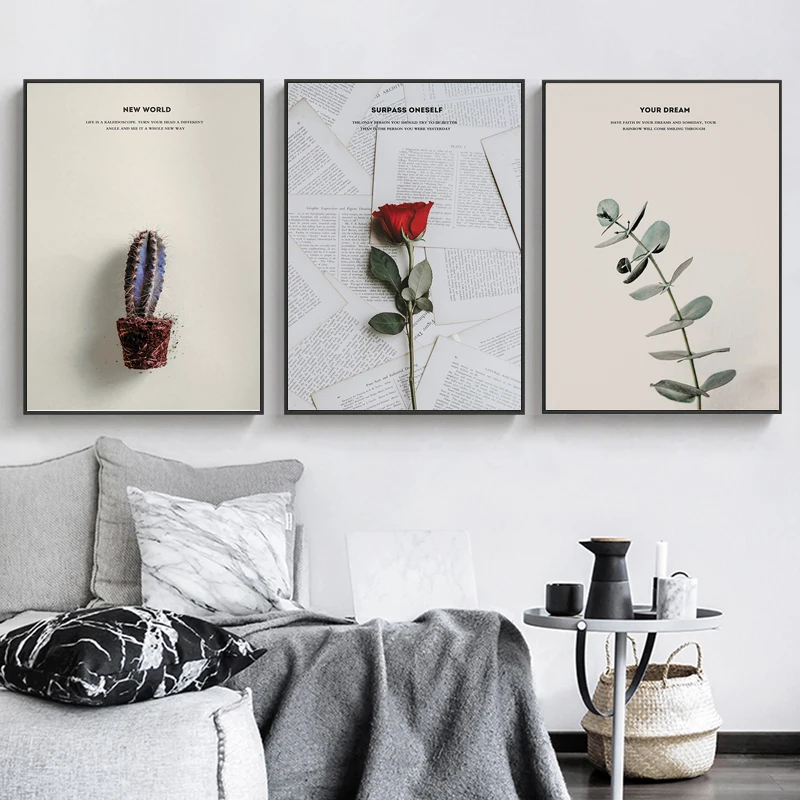 Плакат с цветами и растениями синий кактус красная роза зеленый лист холст