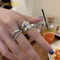 qmcoco silvercolor punk hip hop double deck rings women new fashion vintage wave geometric handmade birthday party jewelry gifts