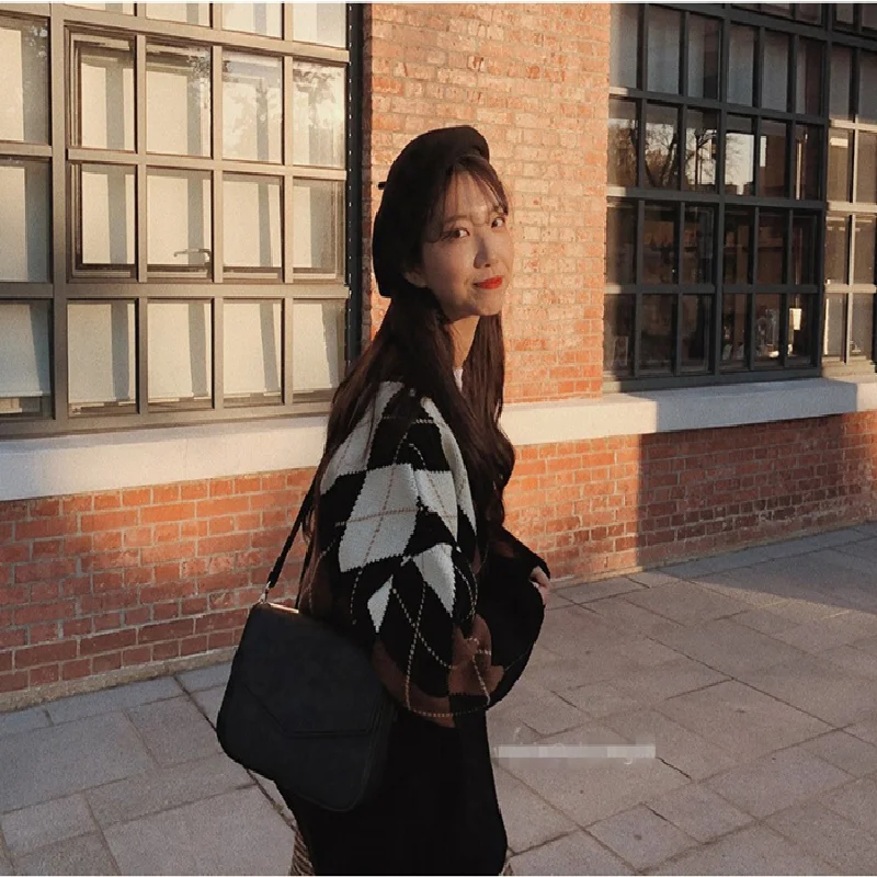 Женский однобортный Кардиган в клетку Черный Повседневный Свободный кардиган