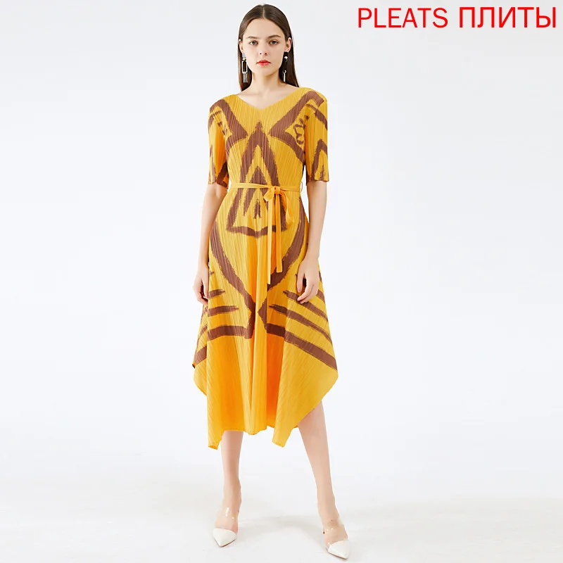 

Женское плиссированное платье миаке, свободное платье с геометрическим принтом и расширяющимся книзу коротким рукавом, Осень-зима