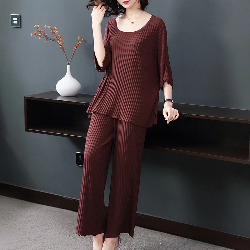 2019 Модный женский комплект из 2 предметов свитер с коротким рукавом + широкие