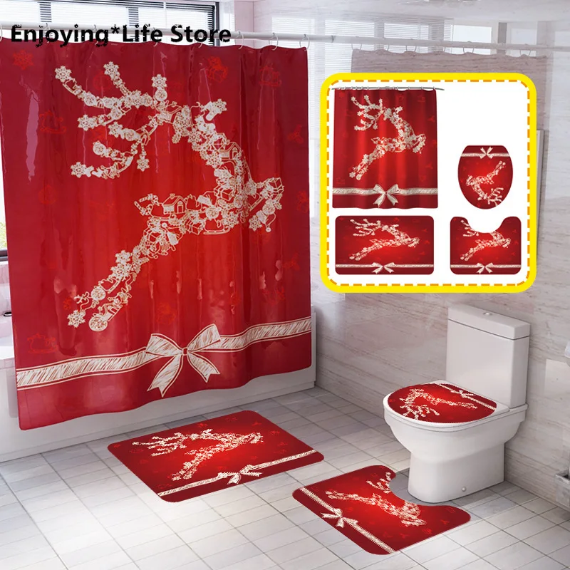 

Christmas Deer Printed Shower Curtain Carpet Mat Combination Bathroom Toilet Mat Bathroom Curtain Set Bathroom Rug Set