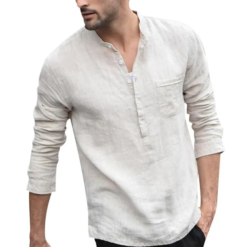 

Men's Casual Shirt Cotton Solid Color Long Sleeve Blouse Chic Stand Collar Fashion Handsome Tops 2021 Streetwear