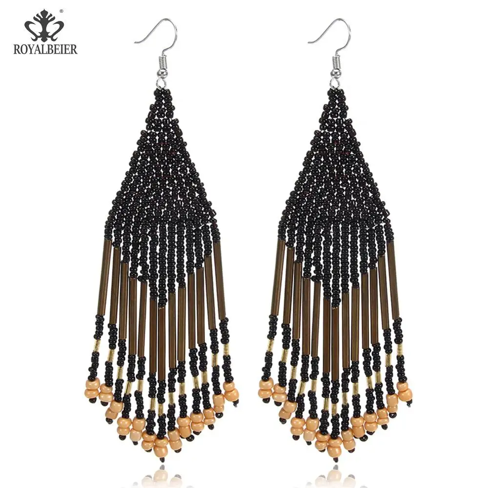 Bohemian earrings6 ROYALBEIER богемные длинные кисточки акриловые перо форма бисера Кулон Серьги Свадебная вечеринка очаровательные ювелирные изделия серьги - Окраска металла: Bohemian earrings6