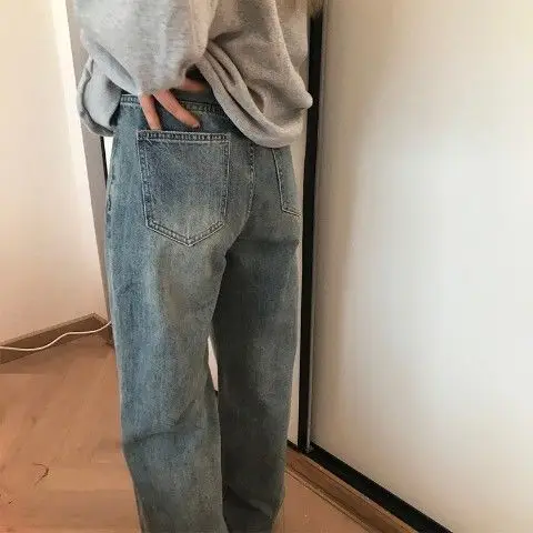 

Woman Jeans Pants Blue High Waist Straight Loose Casual Long Pants