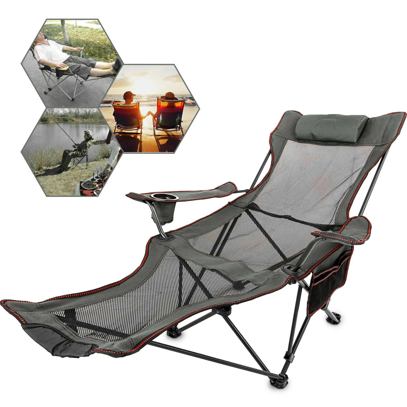 

VEVOR Reclining Folding Camp Chair with Footrest Portable Nap Chair for Outdoor Beach Sun Camping Fishing Lounge Chair