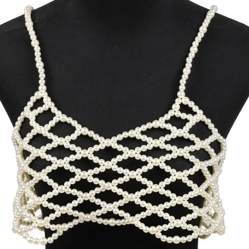 

Womens Sexy Handmade Imitation Pearls Beading Crop Top Exterior Vest Hollow Out Grid Camisole Decoration Night Party Clubwear