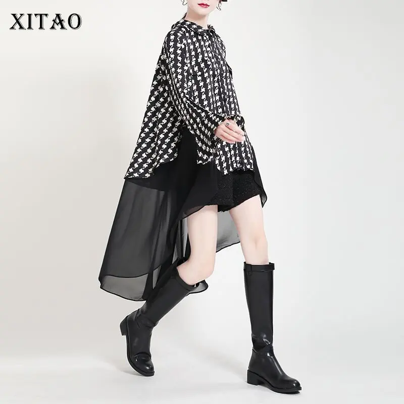 

XITAO, шифоновая блузка, модная, новинка, женская, асимметричная, сетчатая, богиня, веер, повседневная, с длинным рукавом, 2021, летняя, свободная р...