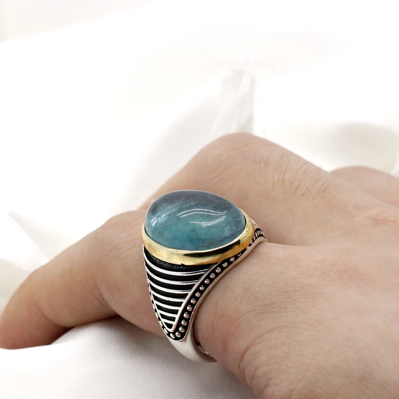 

New Natural Fluorite Stone Ring for Men Women Jewelry Gift Silver 925 Lake Blue Stone Vintage Stripe Design Ring High Quality