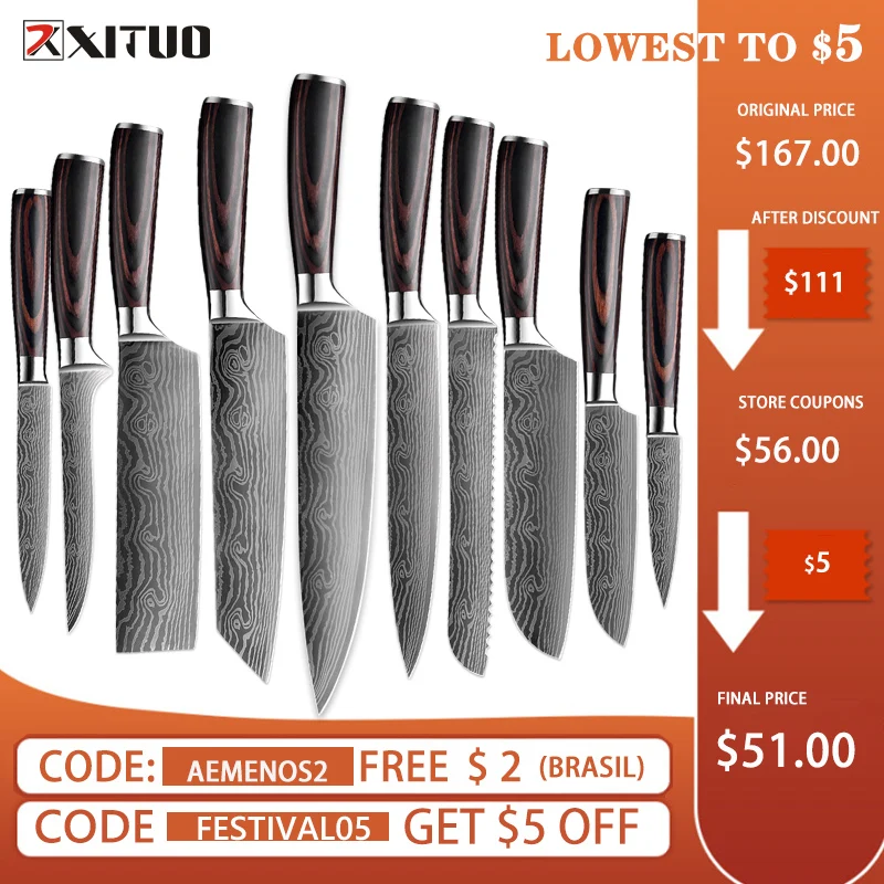 

XITUO Stainless Steel Chef Knife 1-10PCS knife Japanese Kiritsuke Santoku Knife Laser Damascus Pattern Cleaver Kitchen Knife Hot