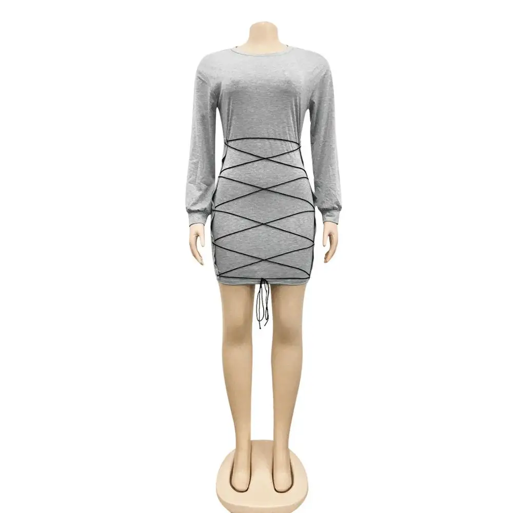 

Fall Sexy Bandage Cross Lace Up Mini Dress Lantern Sleeve Sexy Fitness Vintage Party Clubwear Outfits Street