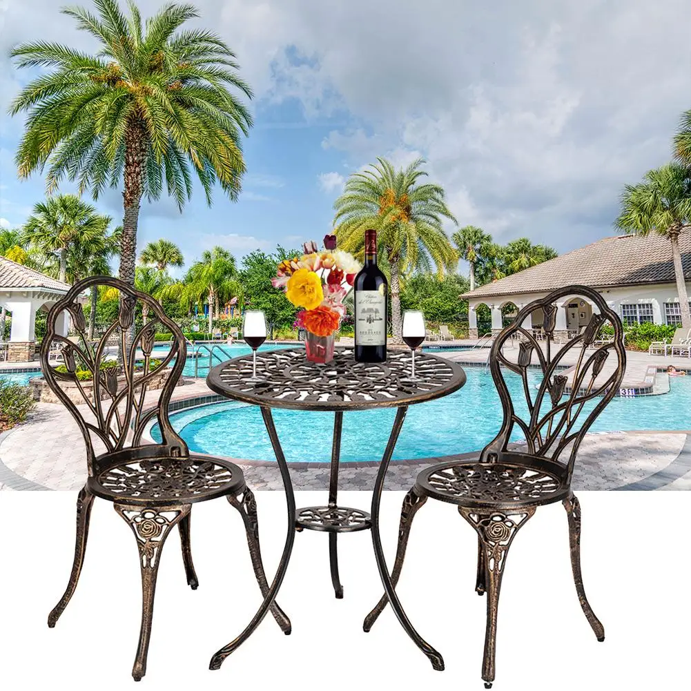 

European Style Cast Aluminum Outdoor 3 Piece Tulip Bistro Set Table Chairs
