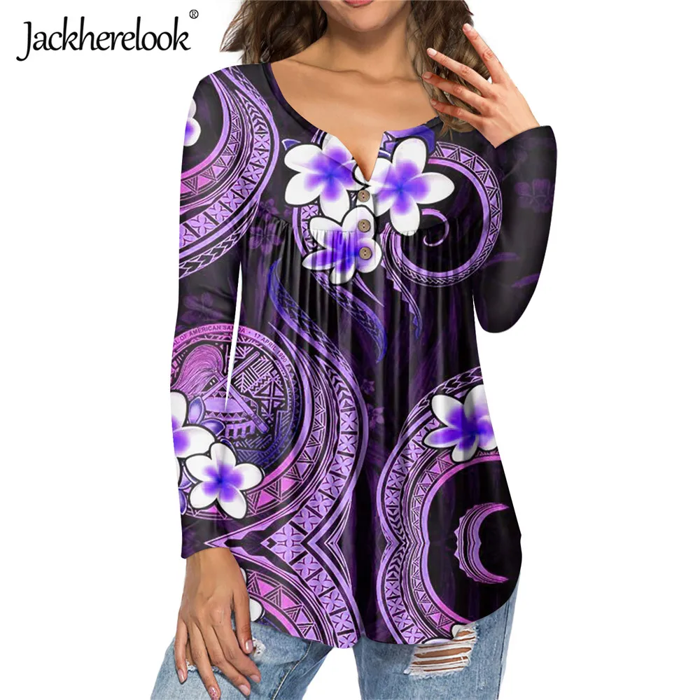 

Jackherelook Purple Samoan Polynesian Tribal Hibiscus Print Loose Long Sleeve Blouse Casual Spring Clothing Tunic Tops Shirts
