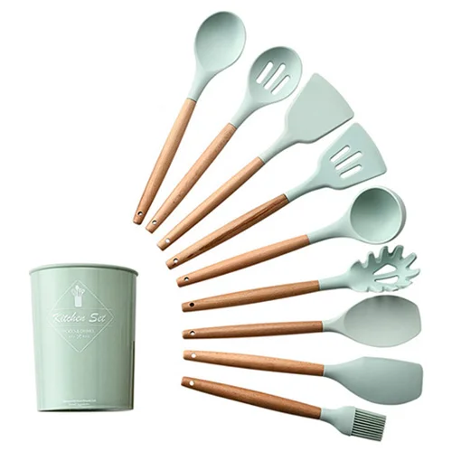 Green 10pcs-B 9 или 12 шт розовый набор инструментов для приготовления пищи Премиум силиконовый набор кухонной посуды с ящиком для хранения Тернер щипцы лопатка суповая ложка - Цвет: Green 10pcs-B
