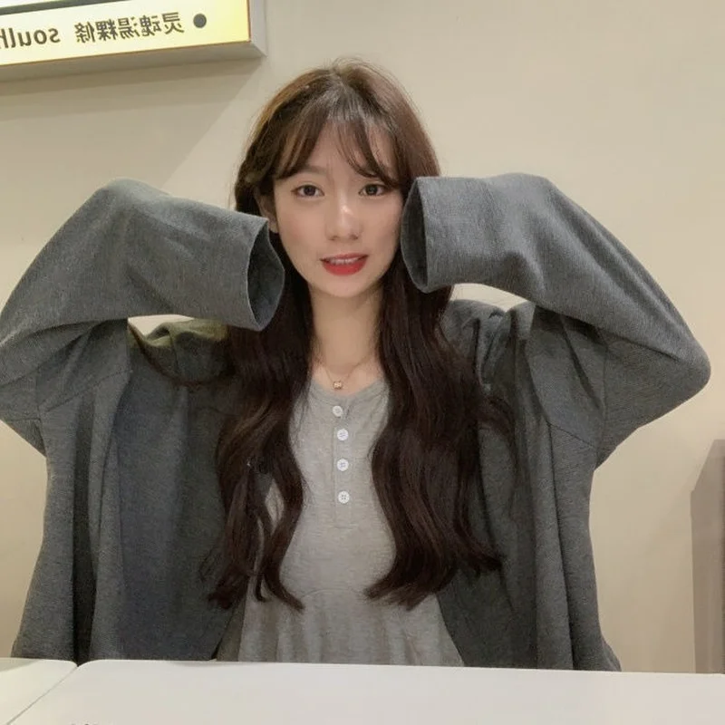 

Cardigan Women Solid Harajuku Vintage Open Stitch Long Sleeve Casual V-neck Students Autumn Knitwear Fashion All-match Loose