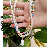 boho multilayer crystal pearl beaded choker gummy bear necklace for women rainbow color rice bead necklaces vacation jewellery