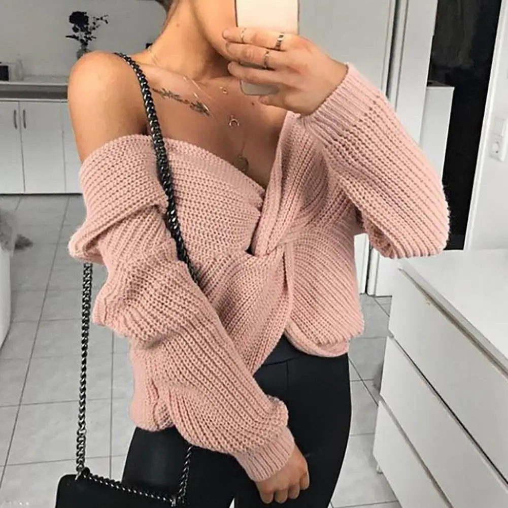 

Women Knot Criss-cross V Neck Long Sleeve Jumpers Loose Knitted Sweater Pullover