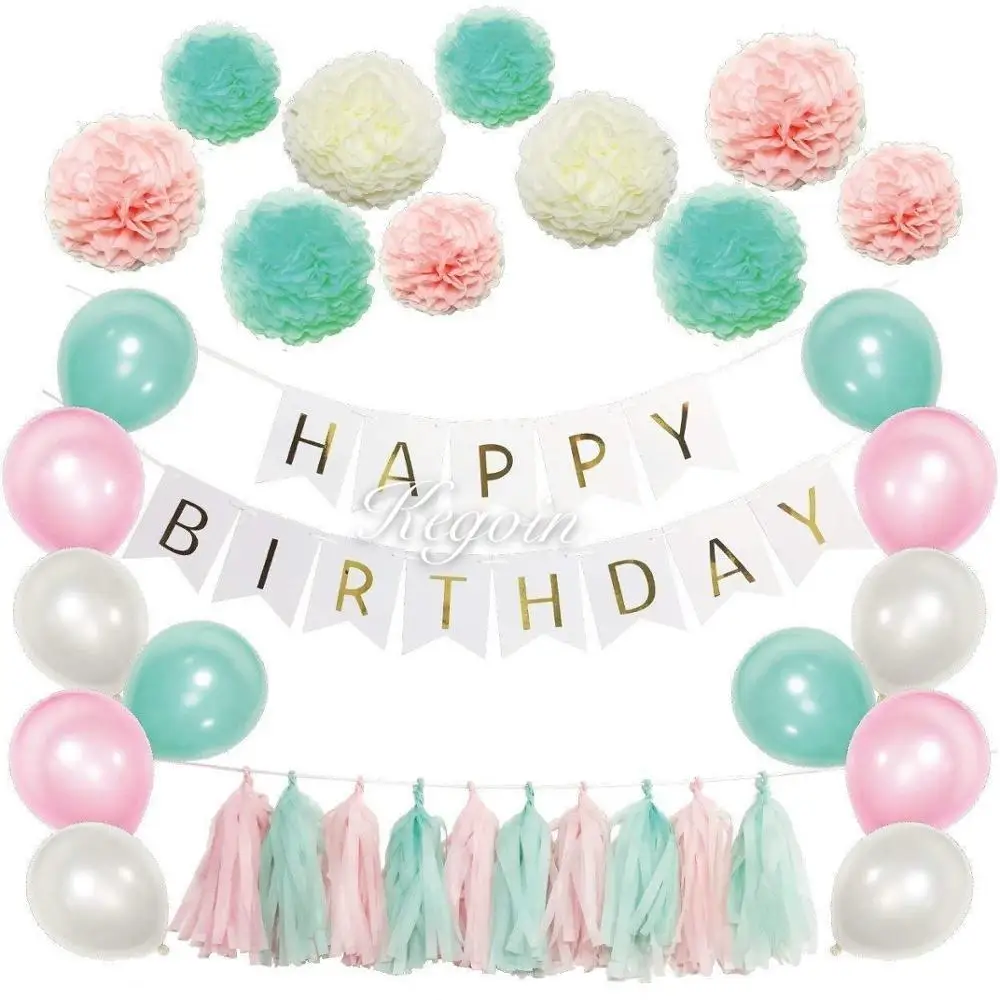 

Party decoration Tissue paper flower pom pom ball tassel Happy Birthday banner party decor