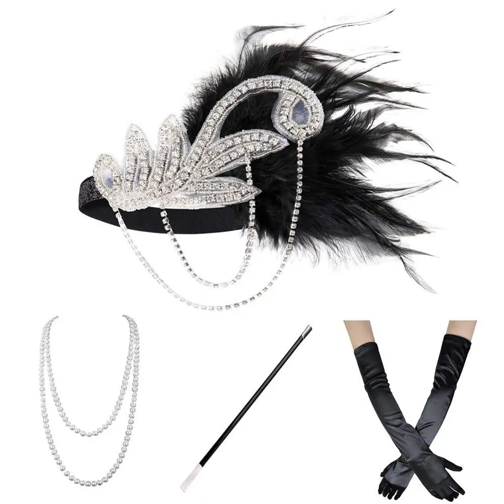1920s костюм девушки-флаппера Gatsby аксессуары набор для женщин Ревущие 20 ободок с сережками ожерелье перчатки сигарета держатель золото, вино