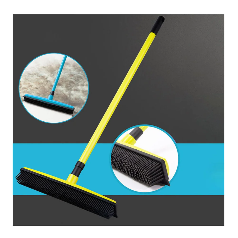 

Pet Hair Removal Rubber Broom with Built in Window Shower Squeegee 2 in 1 Floor Brush Carpet Cleaner Adjustable Handle