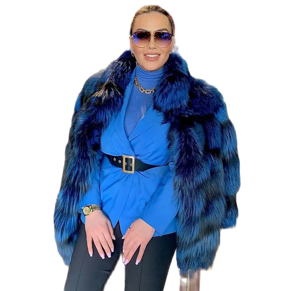 Fashion Women Real Silver Fox Fur Jacket Stand Collar Winter New Woman Whole Skin Genuine Silver Fox Fur Coats Natural Overcoats