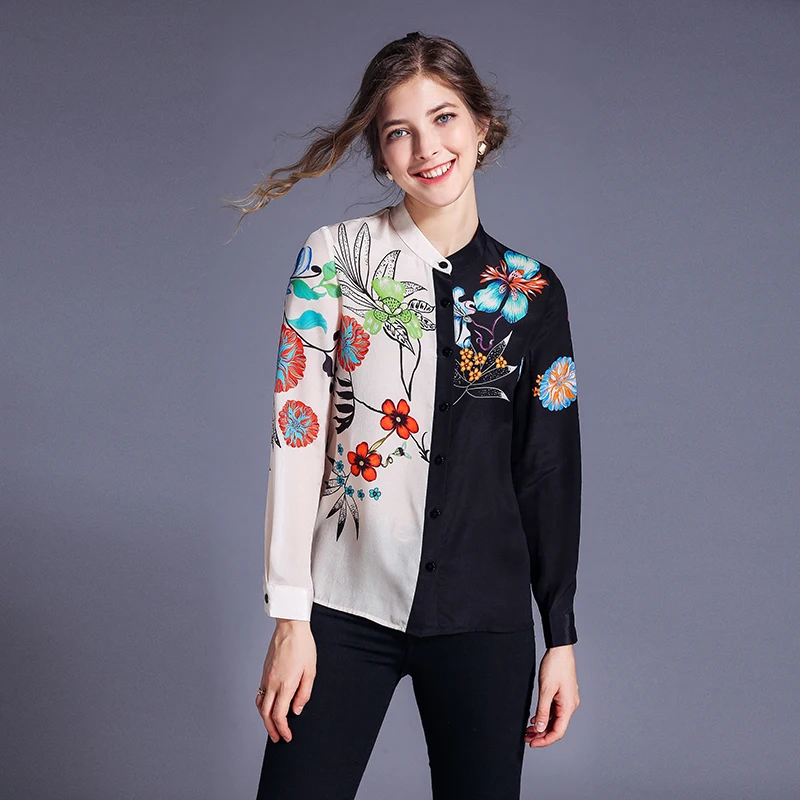 

Женская рубашка с длинным рукавом, черно-белая приталенная рубашка с цветочным принтом в стиле пэчворк, весна-осень 2020