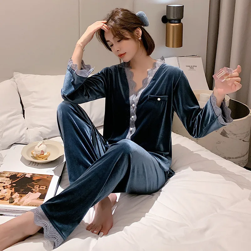 

Women's pajamas velor Two Piece set Autumn And Winter warm V-neck cardigan Long Sleeve plus size loungewear Home suits Sleepwe