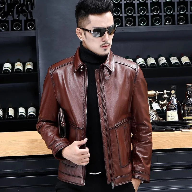 

Mens Top Quality Street Slim Fit Cow Leather Jacket Fashion Business Lapel Short Coat Winter Warm Real Leather Outwear Plus Size