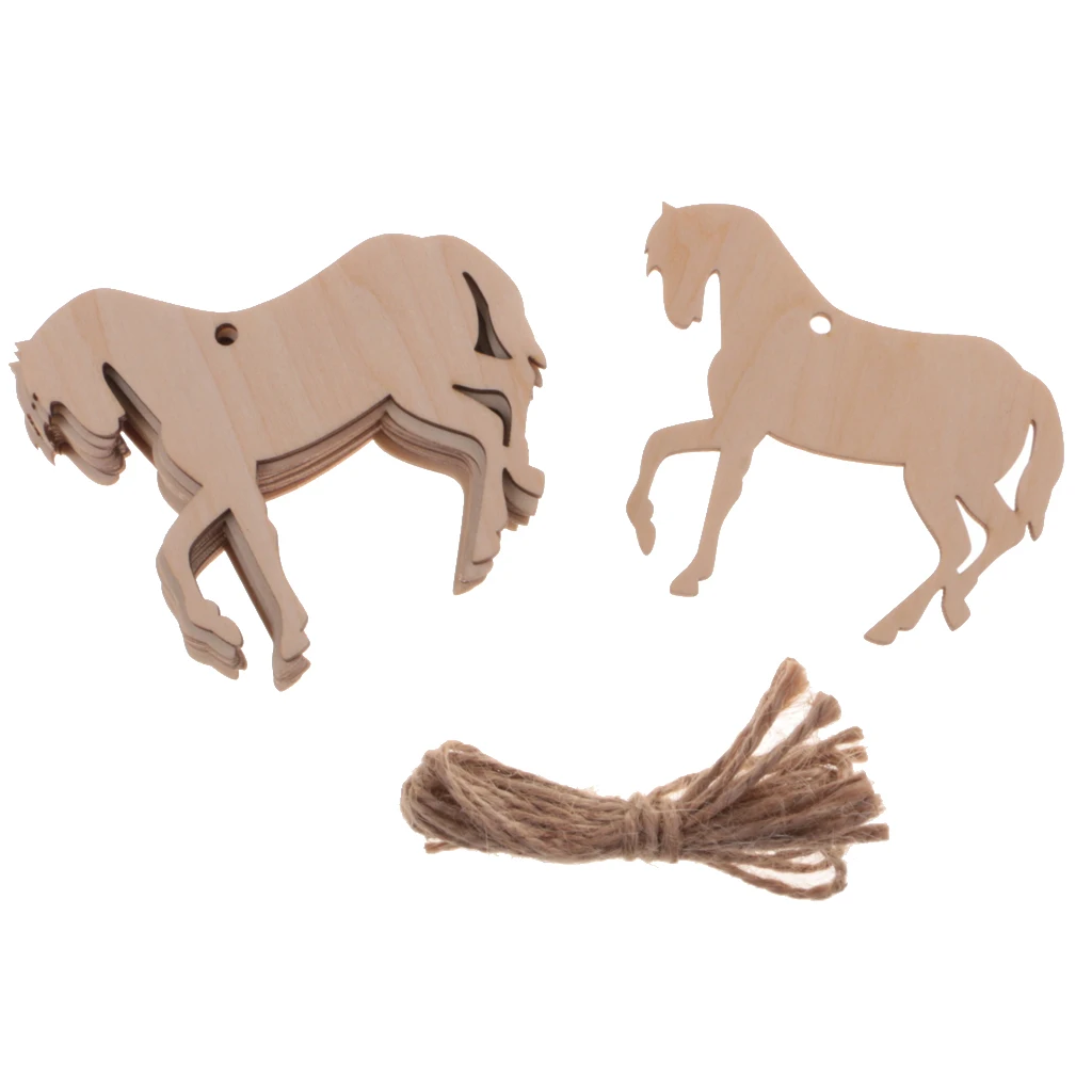 

10 Pieces Wood Horse Animal Shape Cutout Ornament Embellishment with String