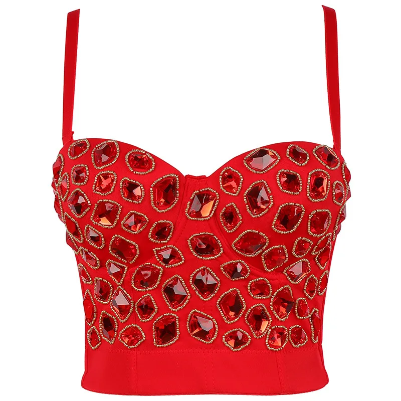 

2021 New Female Luxury Red Gem Beading Bras Sexy Push Up Underwear Women Bustier Night Club Party Cropped Tank Tops Y878