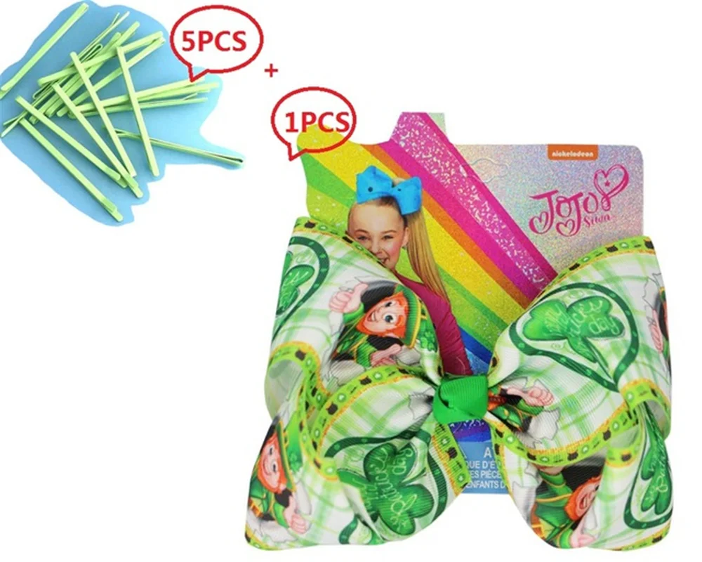 

NEW 8inch Large Bows Painted Hairpin set St Patrick's Day Bowknot Ribbon Hair Bows With Clip Kids Hair Accessories 6PCS