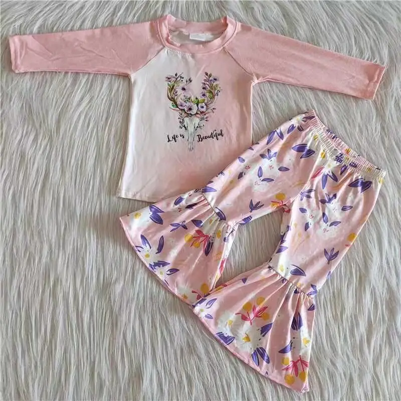 

2021 stay wild shirt match floral bell bottom pants kids wholesale clothes girls boutique clothing sets