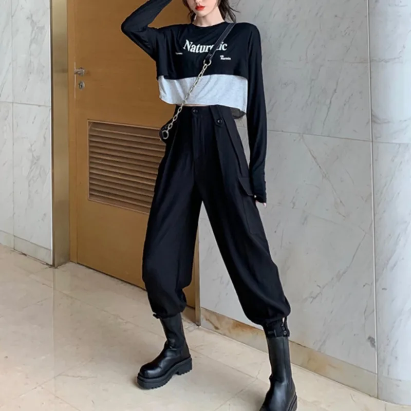 

#2169 Black Grey Summer Pants Women Thin Cargo Pants Women Casual Joggers High Waisted Casual Bloomers Pants Loose Side Pockets