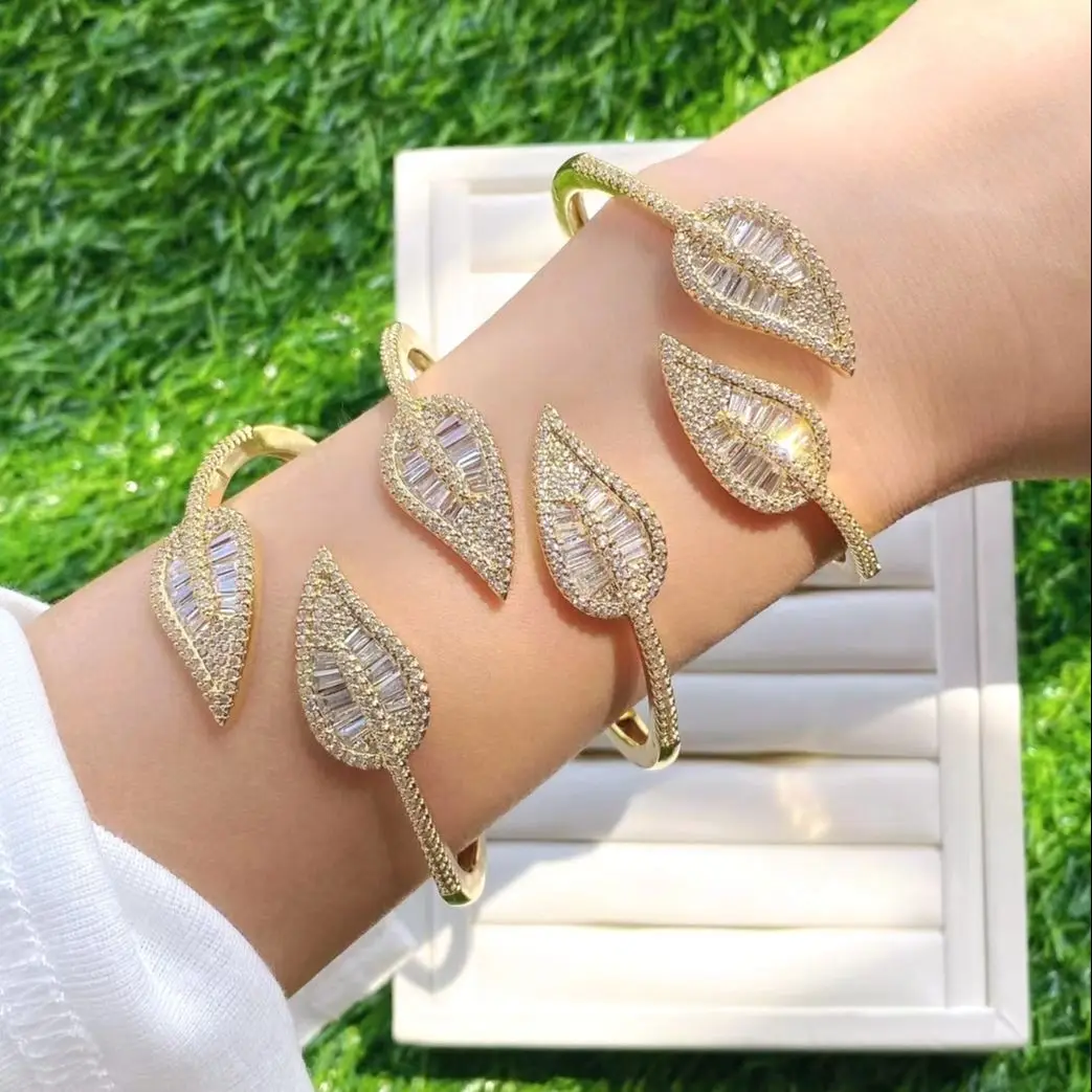 

Gold plated high quality clear crystal zircon leaves leaf open cuff bangle bracelet designs pulseras fashion jewelry