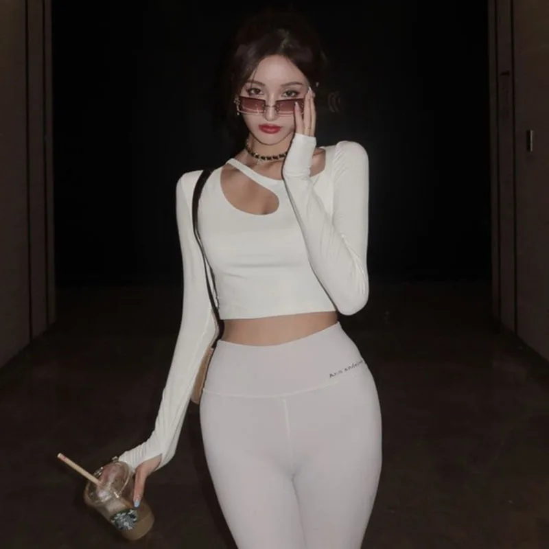 

2021 Autumn Women Sexy Long Sleeve T-Shirt Blouse Slim INS Top Sport Party Wear Gym Wear Hollow Out