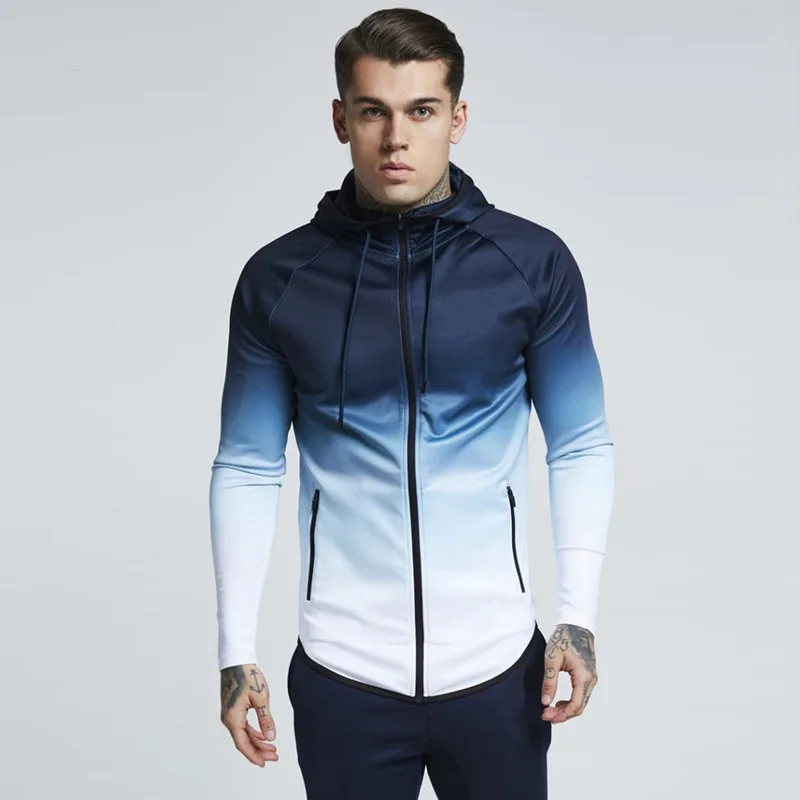 

Elastic Slim Training Sports Hoodie Top Men Cotton Gradient Color Fitness Coat Blue Red Purple Sportswear Cloth