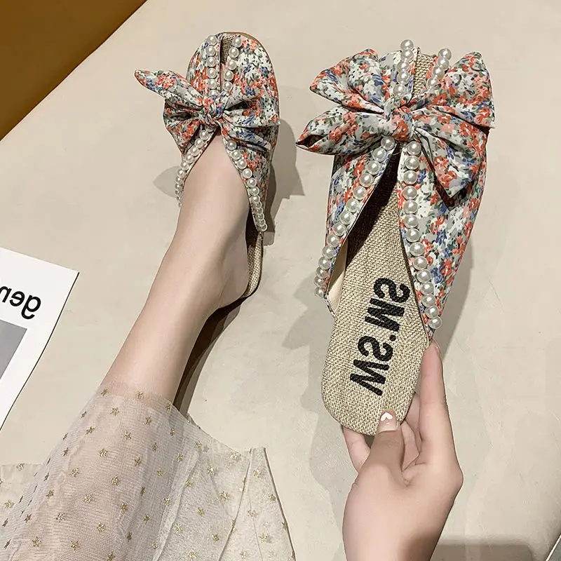 

Small flower sandals Baotou half slippers women's summer BOW FLAT SHOES
