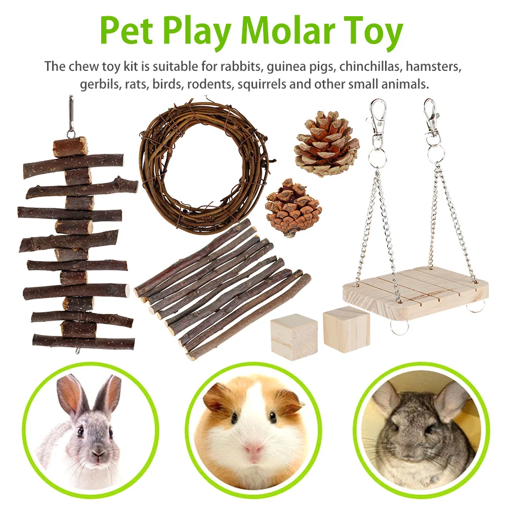 

10pcs Pet Play Molar Toy Wooden Hamster Chew Toys Set Gerbil Rabbit Pet Bird Parrot Small Animal Playing Sports Accessories