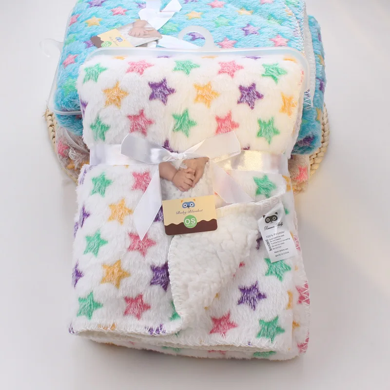 

Stars Baby Blanket Coral Fleece Cartoon Double Layer Receiving Swaddle Envelope Stroller Wrap For Bebe Bedding Blankets Set